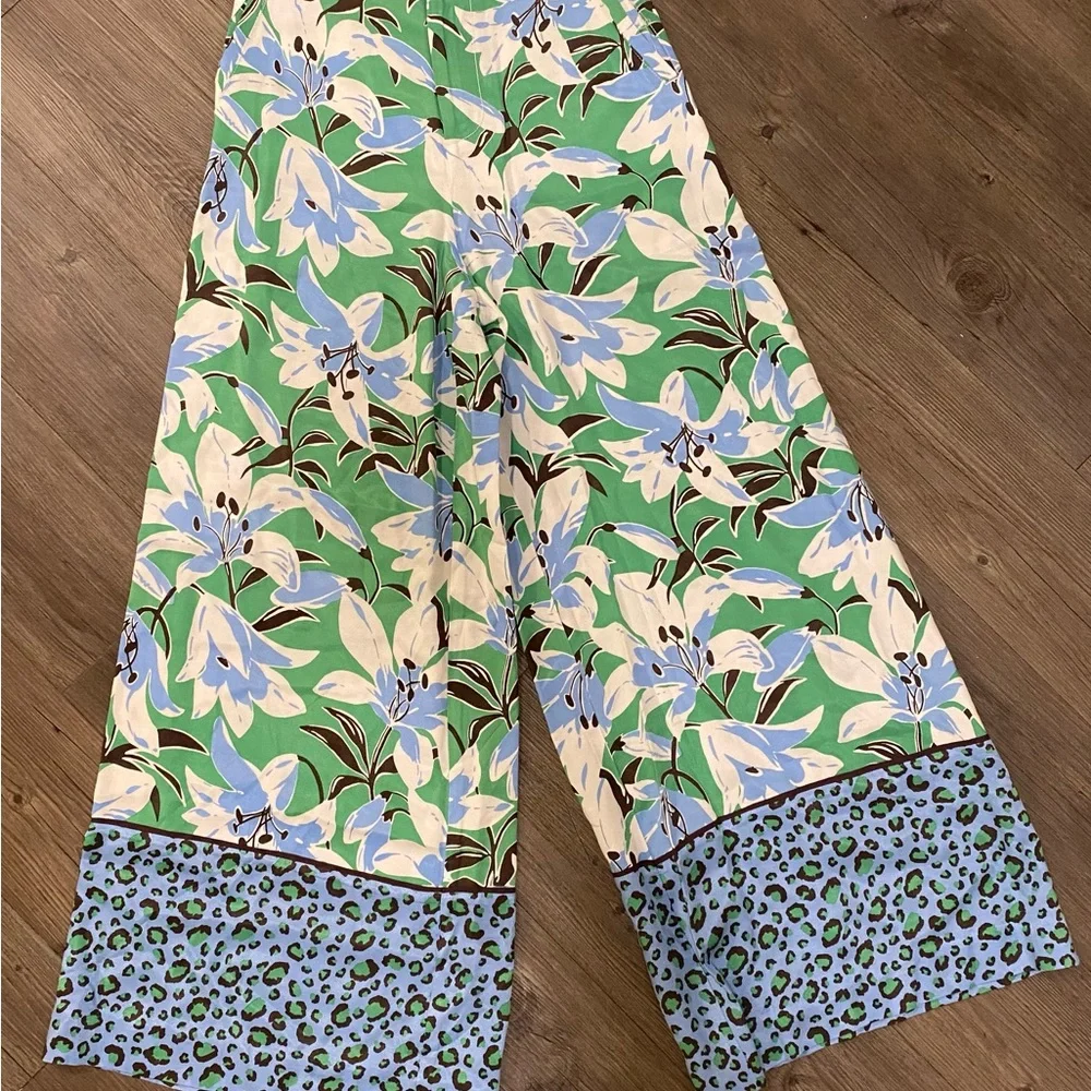 Anthropologie Maeve Cece Stripe Border Blue and Green Wide leg Pants - Picture 3 of 10